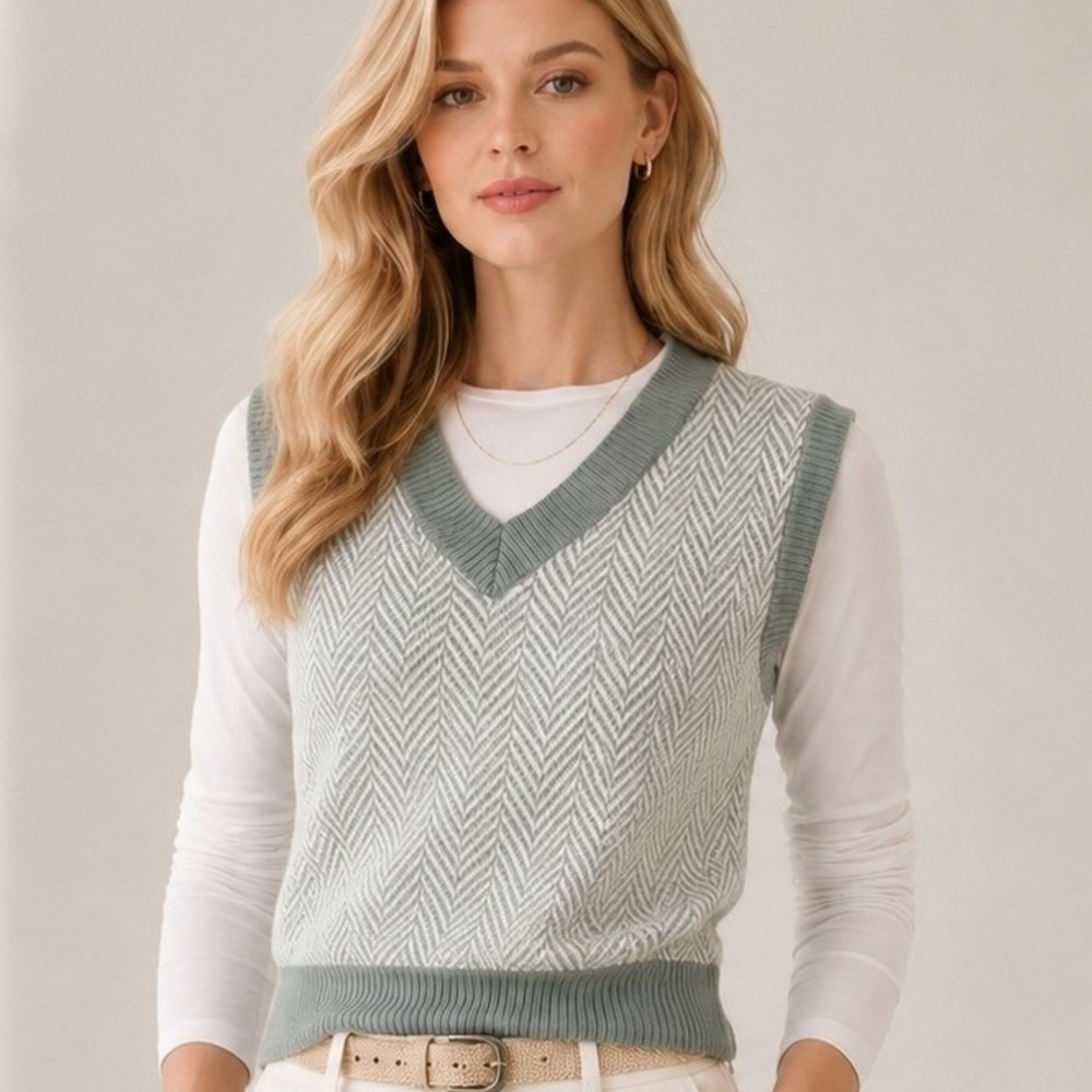 Sincerely Jules Womens‎ Green Herringbone Sweater Vest V Neck Knit Preppy Size L